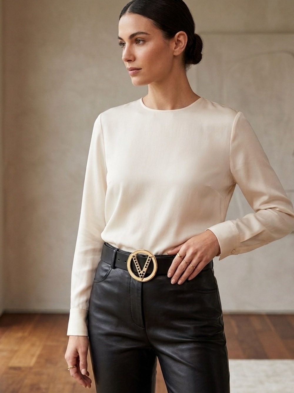 Mario Valentino Gold Logo Belt Black Leather Studded V Buckle Designer
NWT